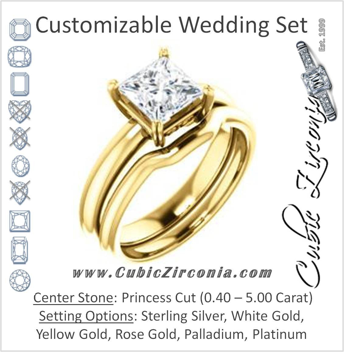 CZ Wedding Set, featuring The Marie Rosalind engagement ring (Customizable Princess Cut Solitaire with Tooled Trellis Design)