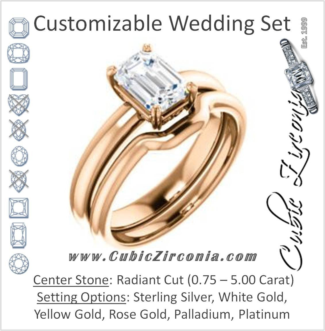 CZ Wedding Set, featuring The Marie Rosalind engagement ring (Customizable Radiant Cut Solitaire with Tooled Trellis Design)