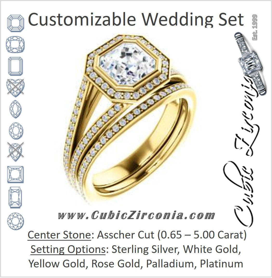 CZ Wedding Set, featuring The Maritza engagement ring (Customizable Bezel-Halo Asscher Cut Style with Pavé Split Band & Euro Shank)