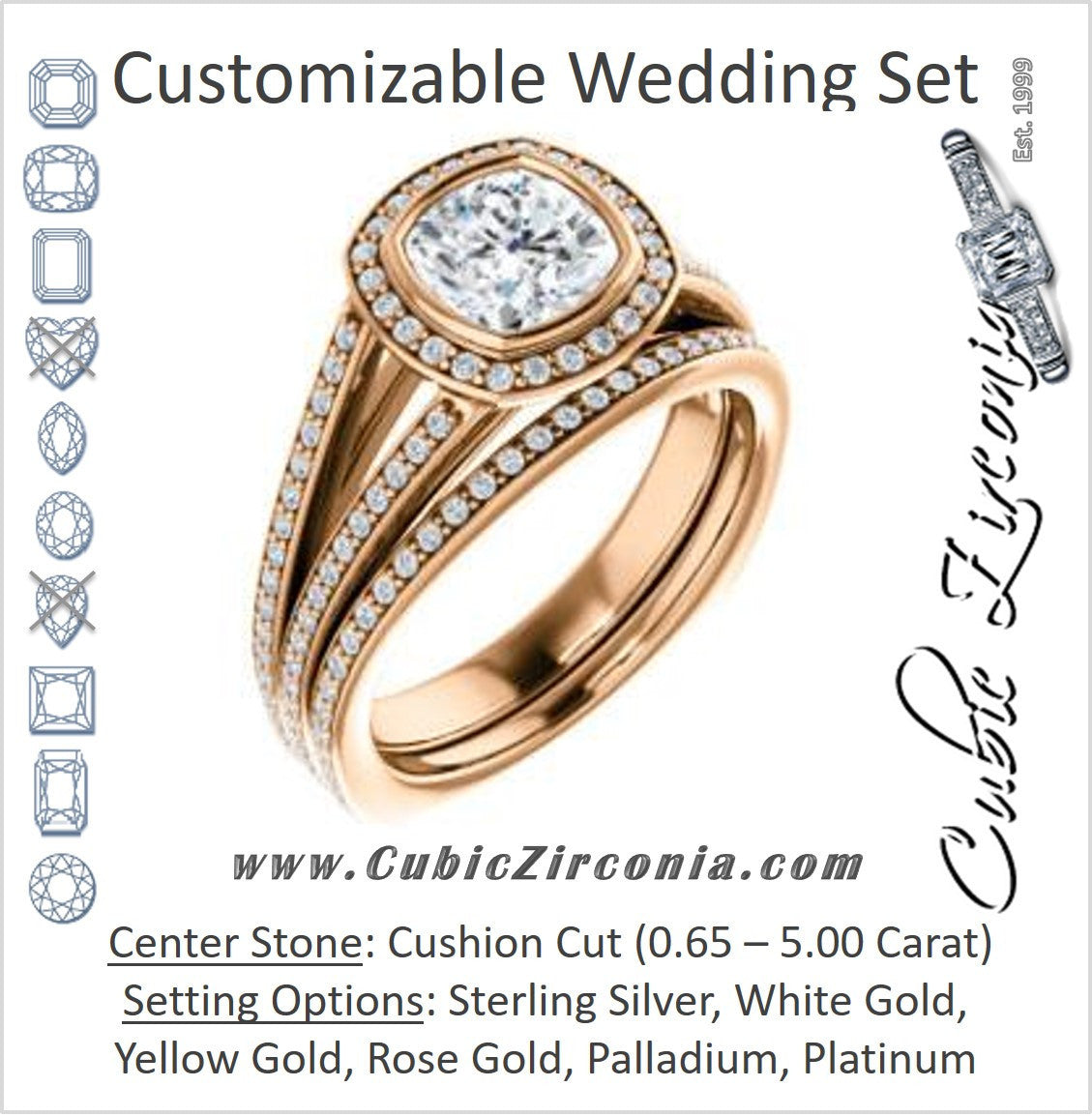 CZ Wedding Set, featuring The Maritza engagement ring (Customizable Bezel-Halo Cushion Cut Style with Pavé Split Band & Euro Shank)