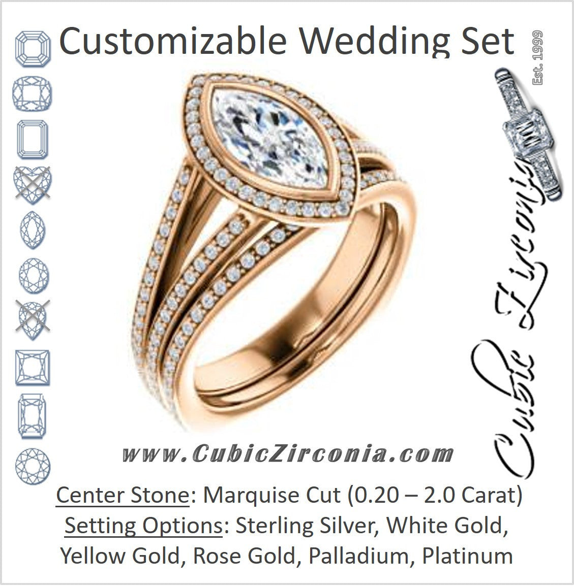 CZ Wedding Set, featuring The Maritza engagement ring (Customizable Bezel-Halo Marquise Cut Style with Pavé Split Band & Euro Shank)
