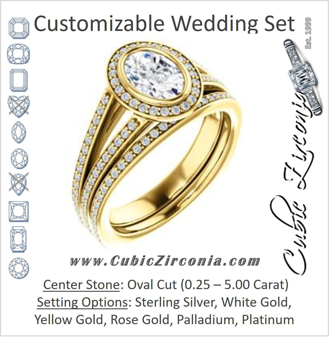 CZ Wedding Set, featuring The Maritza engagement ring (Customizable Bezel-Halo Oval Cut Style with Pavé Split Band & Euro Shank)