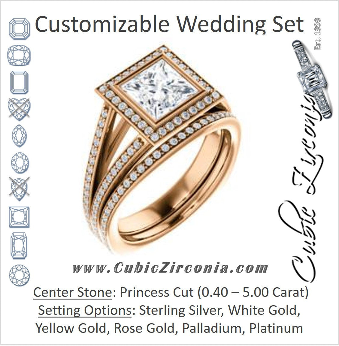CZ Wedding Set, featuring The Maritza engagement ring (Customizable Bezel-Halo Princess Cut Style with Pavé Split Band & Euro Shank)
