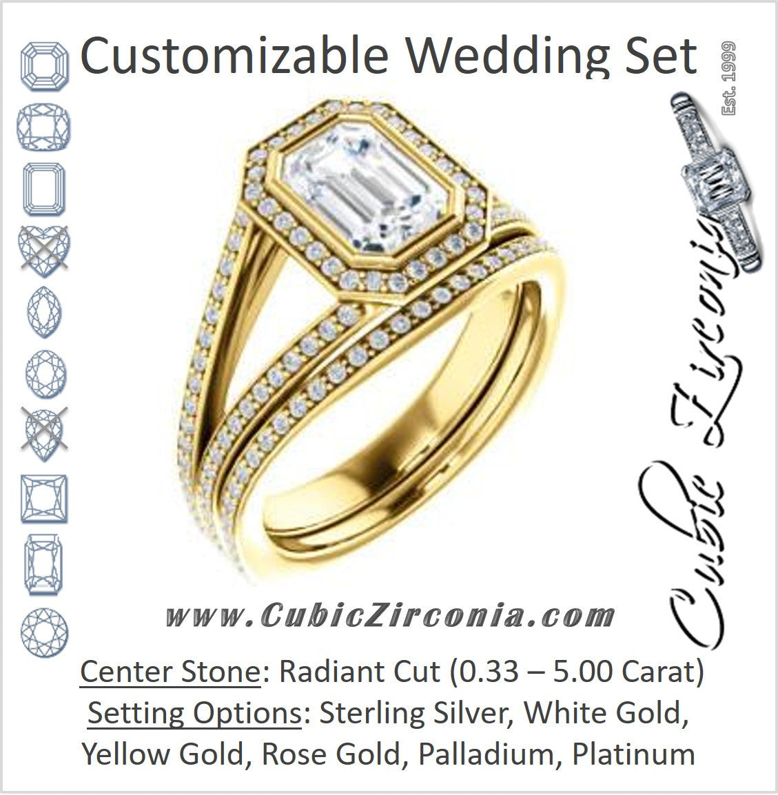 CZ Wedding Set, featuring The Maritza engagement ring (Customizable Bezel-Halo Radiant Cut Style with Pavé Split Band & Euro Shank)