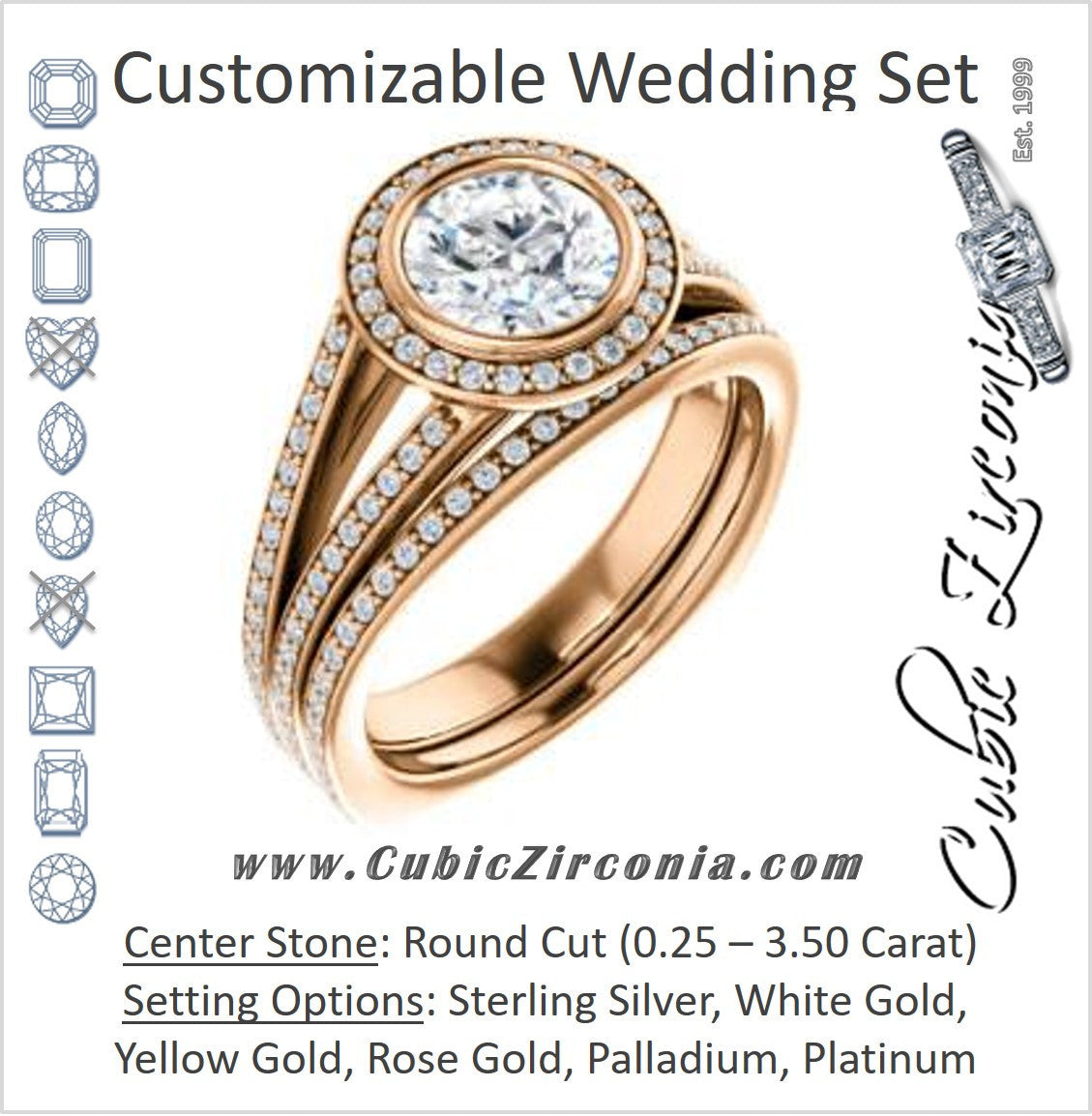 CZ Wedding Set, featuring The Maritza engagement ring (Customizable Bezel-Halo Round Cut Style with Pavé Split Band & Euro Shank)