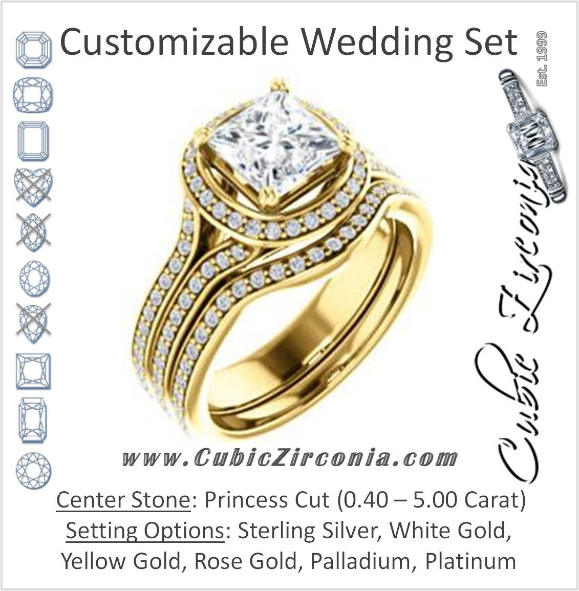 CZ Wedding Set, featuring The Mia Sofia engagement ring (Customizable Cathedral-Halo Princess Cut Style with Wide Split-Pavé Band)