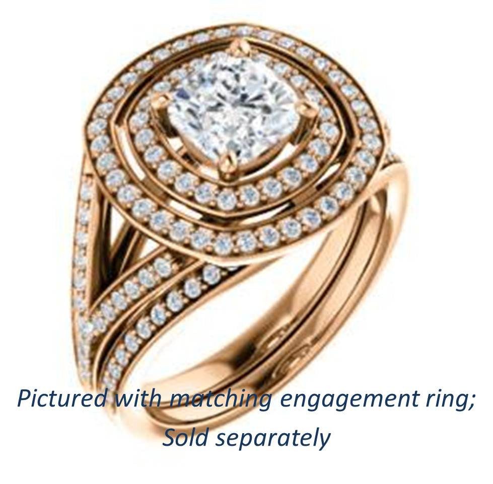 Cubic Zirconia Engagement Ring- The Miriam (Double Halo Ultra-Wide Split Pavé Band with Customizable Cushion Cut Center)