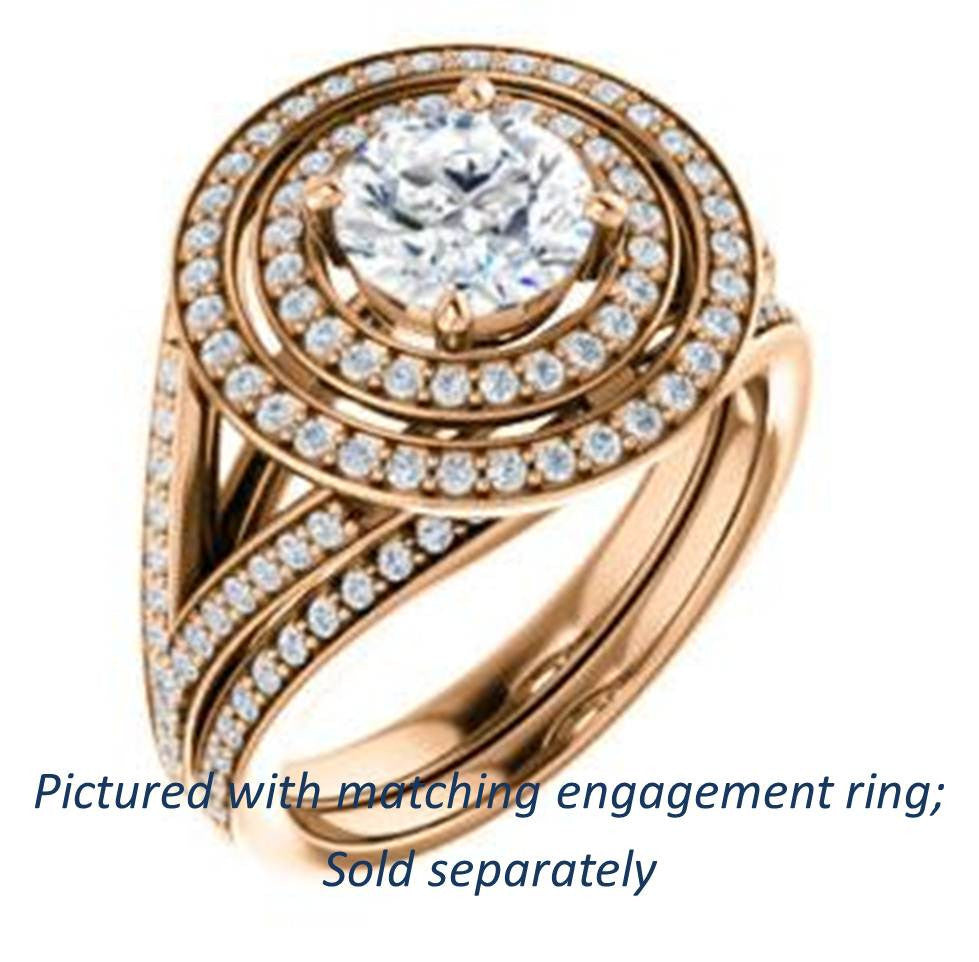 Cubic Zirconia Engagement Ring- The Miriam (Double Halo Ultra-Wide Split Pavé Band with Customizable Round Cut Center)