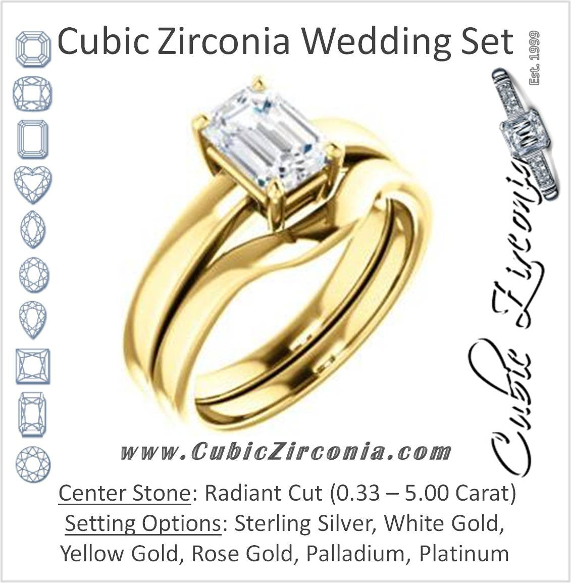 CZ Wedding Set, featuring The Myaka engagement ring (Customizable Radiant Cut Solitaire with Medium Band)
