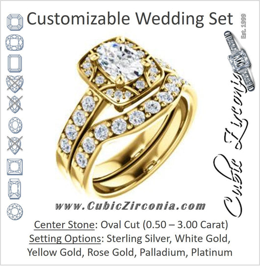 CZ Wedding Set, featuring The Payton engagement ring (Customizable Oval Cut with Segmented Cluster-Halo and Large-Accented Band)