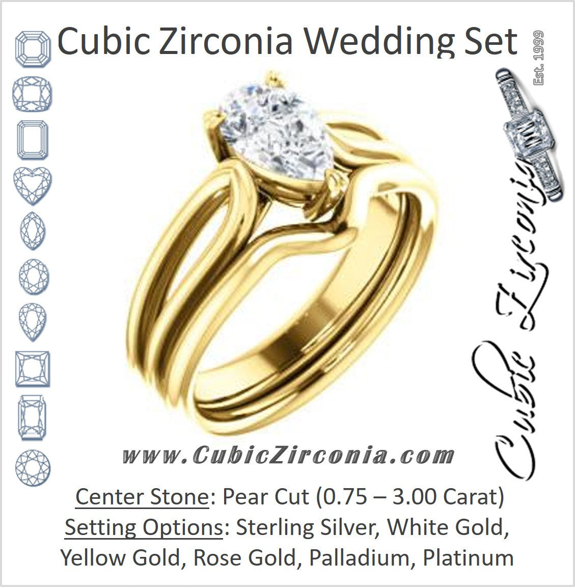 CZ Wedding Set, featuring The Piper engagement ring (Customizable Pear Cut Solitaire with Flared Split-band)