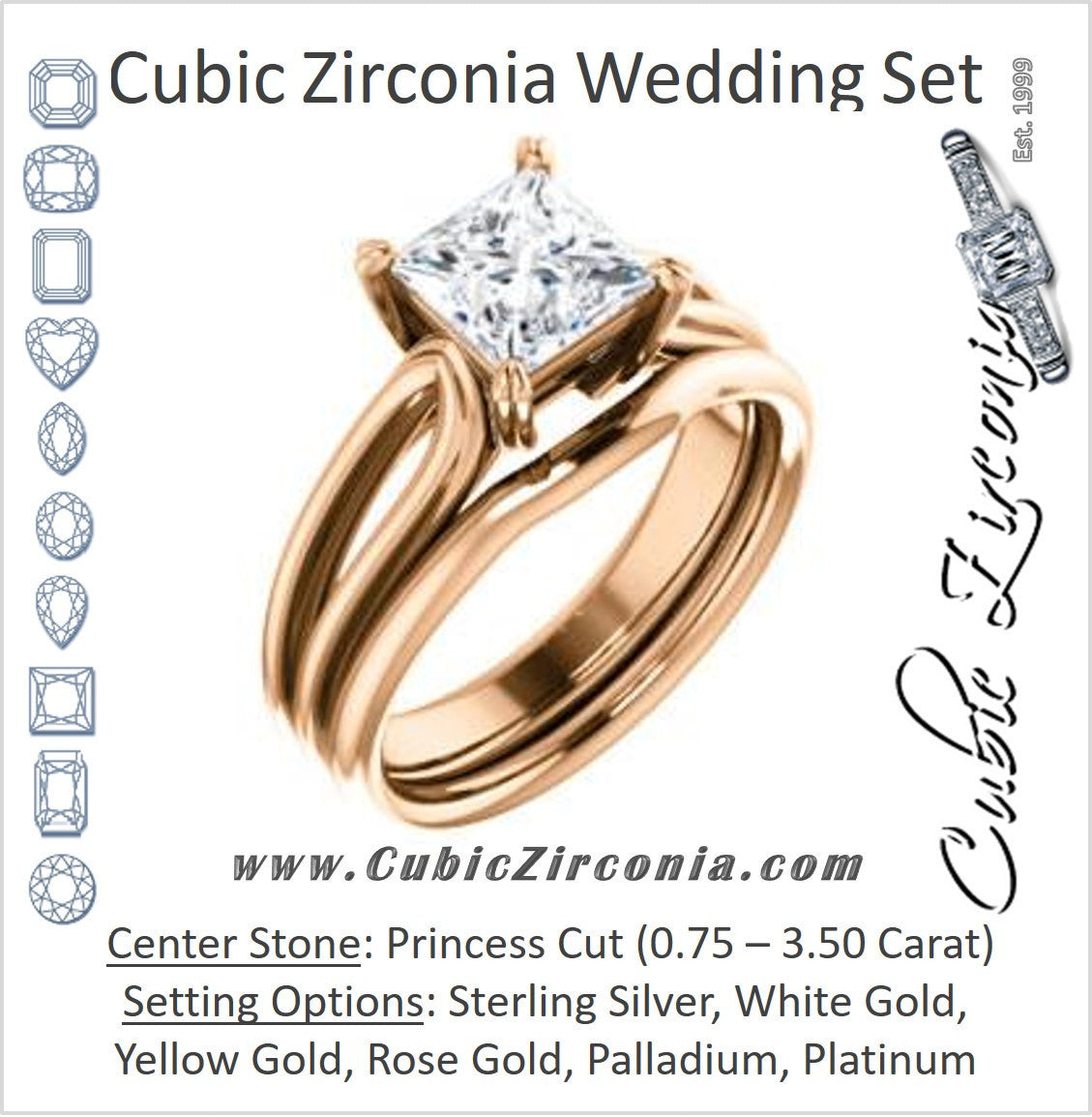 CZ Wedding Set, featuring The Piper engagement ring (Customizable Princess Cut Solitaire with Flared Split-band)