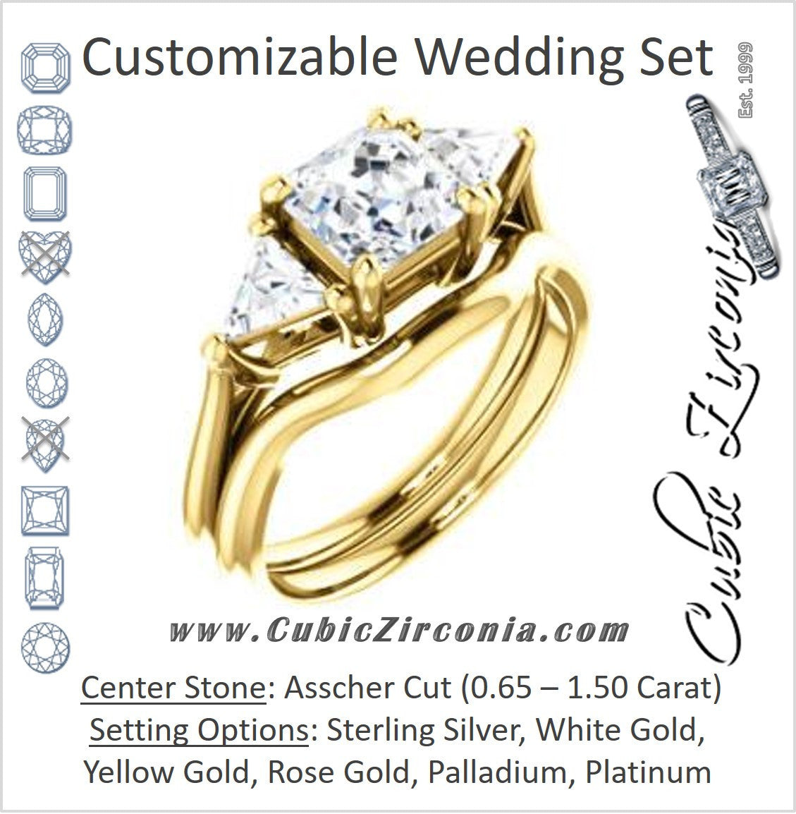 CZ Wedding Set, featuring The Prisma engagement ring (Classic Three-Stone Triangle Accent and Asscher Cut center)