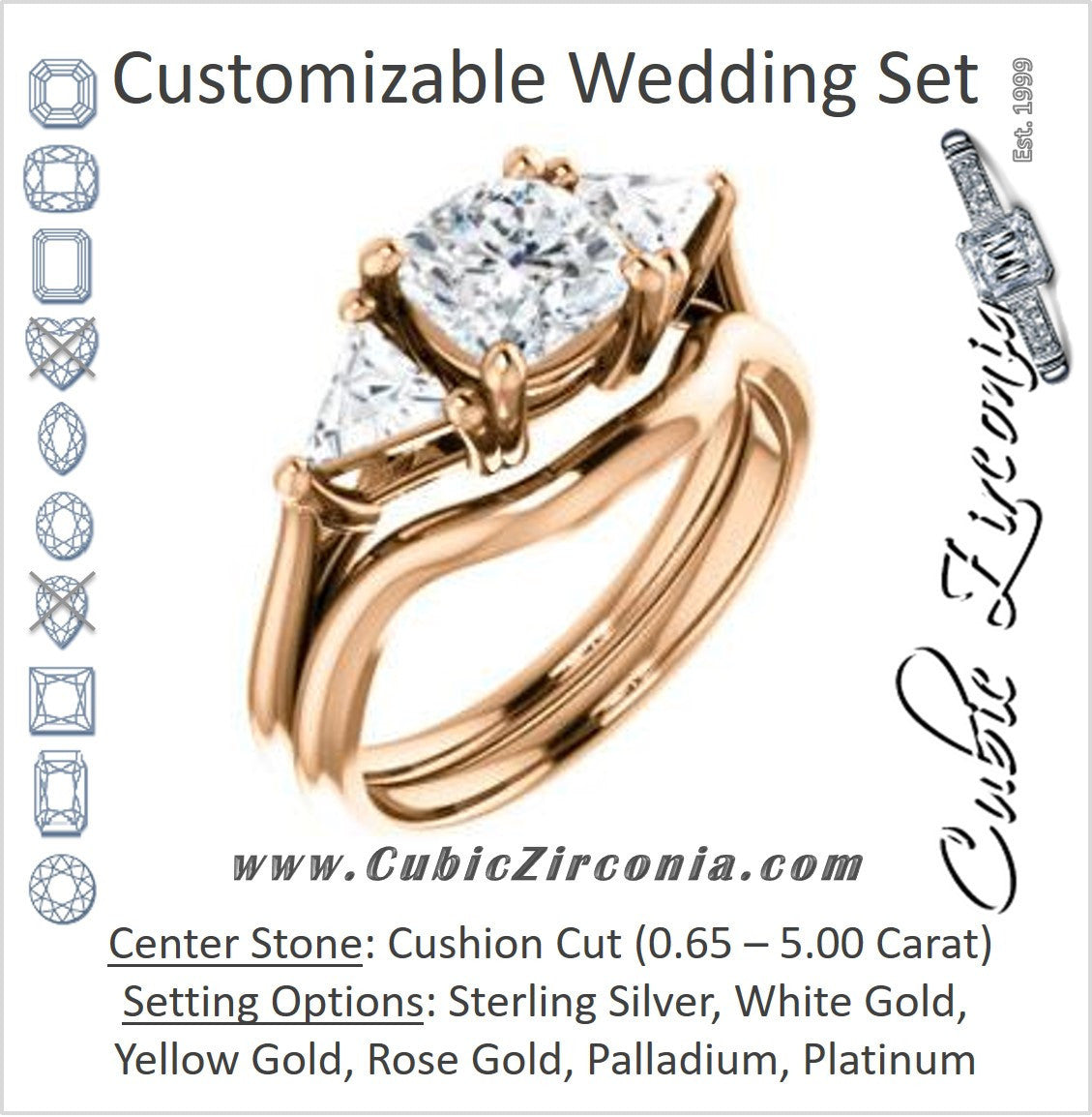 CZ Wedding Set, featuring The Prisma engagement ring (Classic Three-Stone Triangle Accent and Cushion Cut center)