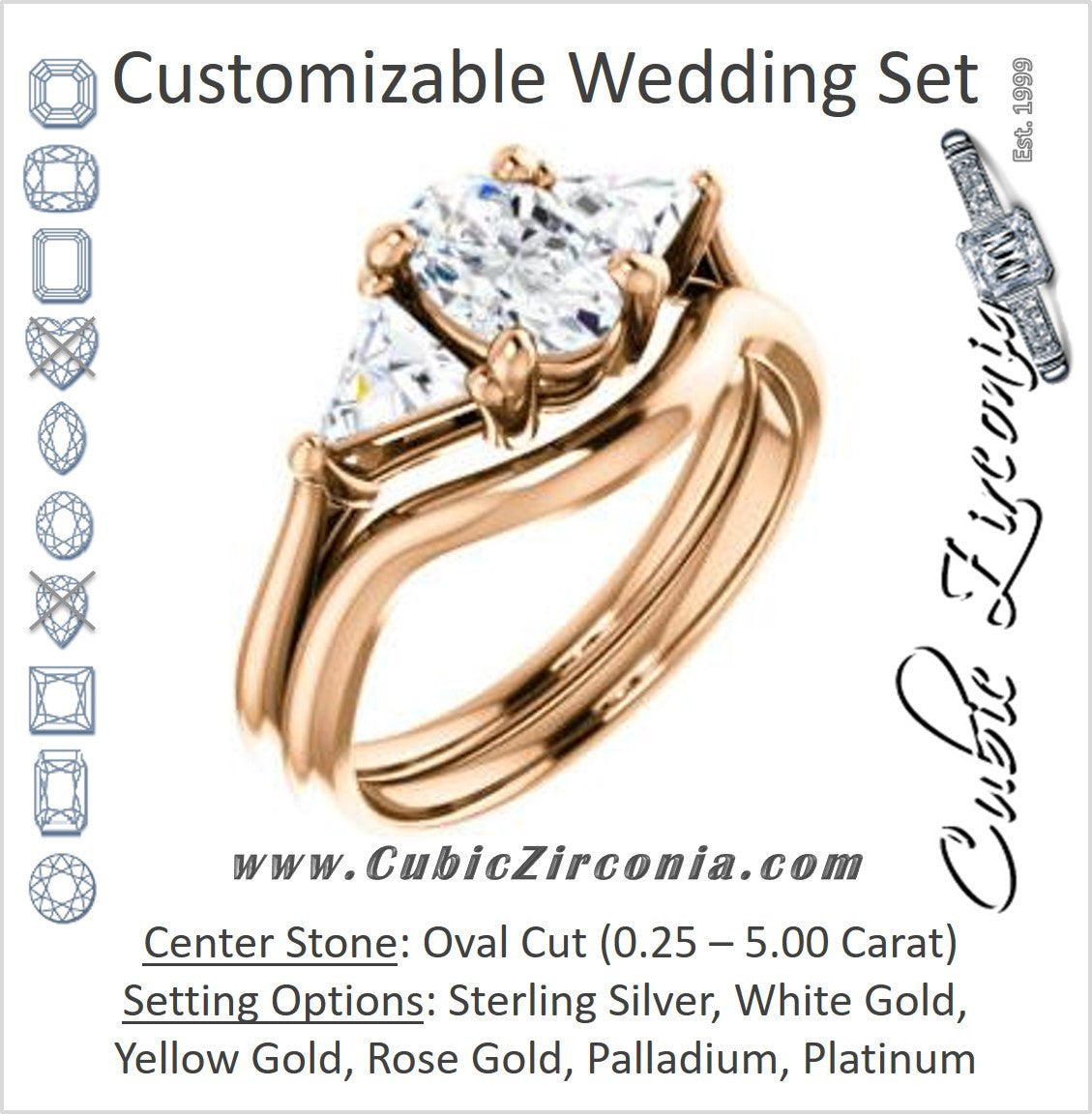 CZ Wedding Set, featuring The Prisma engagement ring (Classic Three-Stone Triangle Accent and Oval Cut center)