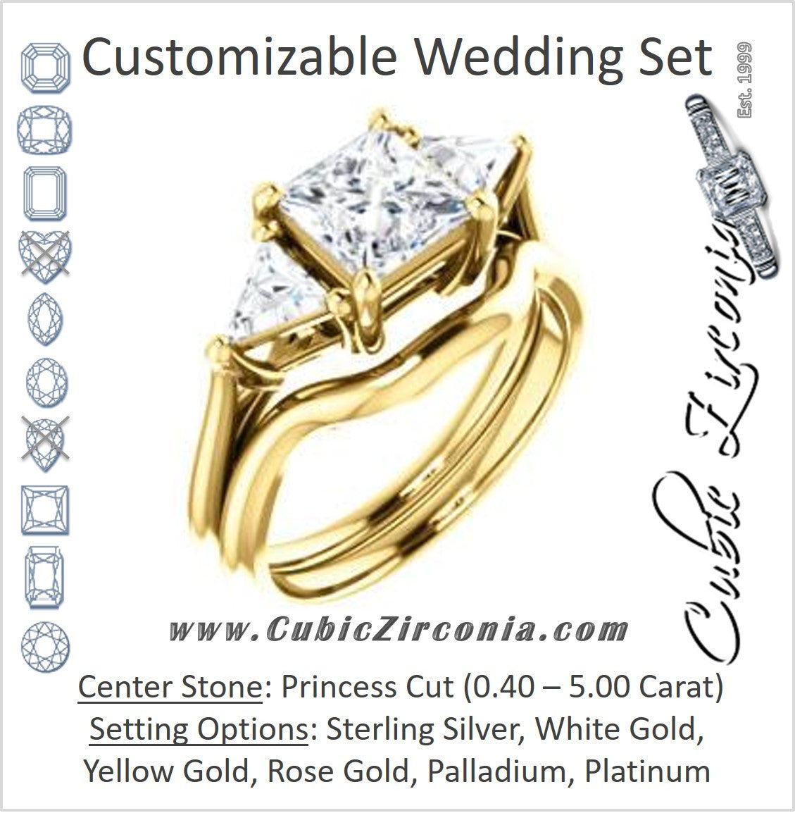 CZ Wedding Set, featuring The Prisma engagement ring (Classic Three-Stone Triangle Accent and Princess Cut center)