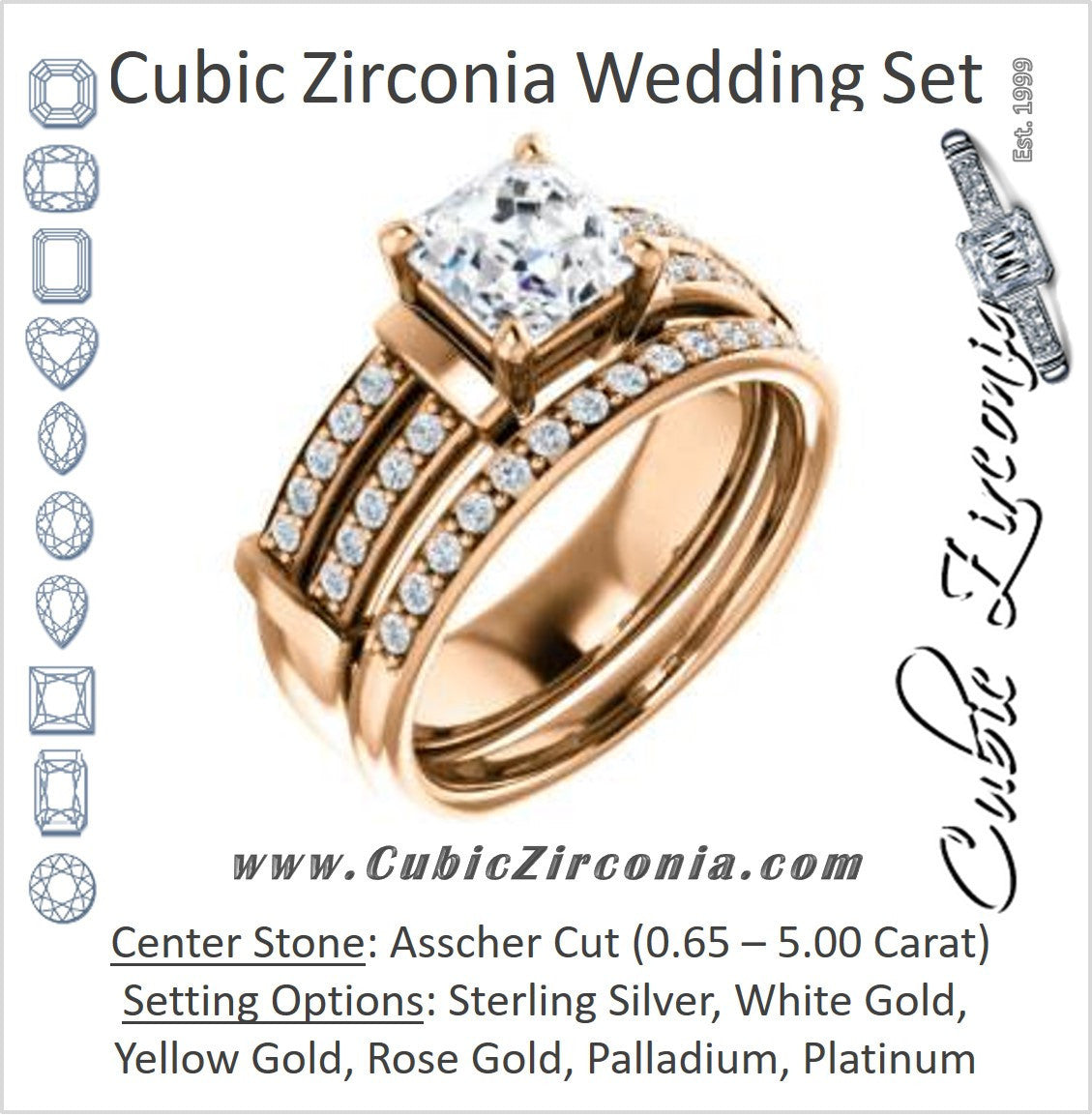 CZ Wedding Set, featuring The Rachana engagement ring (Customizable Asscher Cut Design with Wide Split-Pavé Band and Euro Shank)