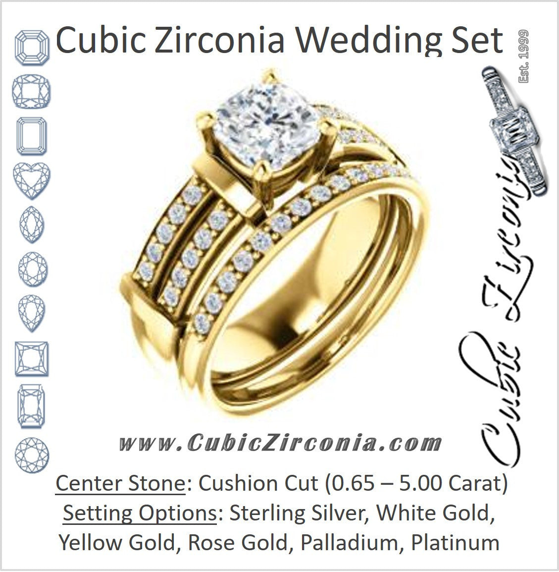 CZ Wedding Set, featuring The Rachana engagement ring (Customizable Cushion Cut Design with Wide Split-Pavé Band and Euro Shank)