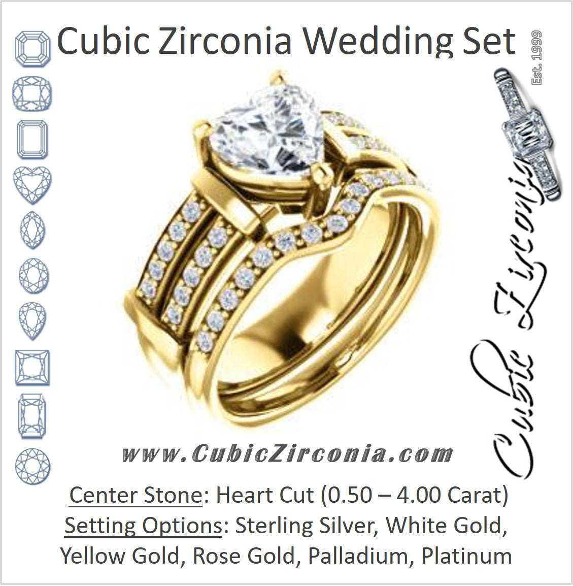 CZ Wedding Set, featuring The Rachana engagement ring (Customizable Heart Cut Design with Wide Split-Pavé Band and Euro Shank)