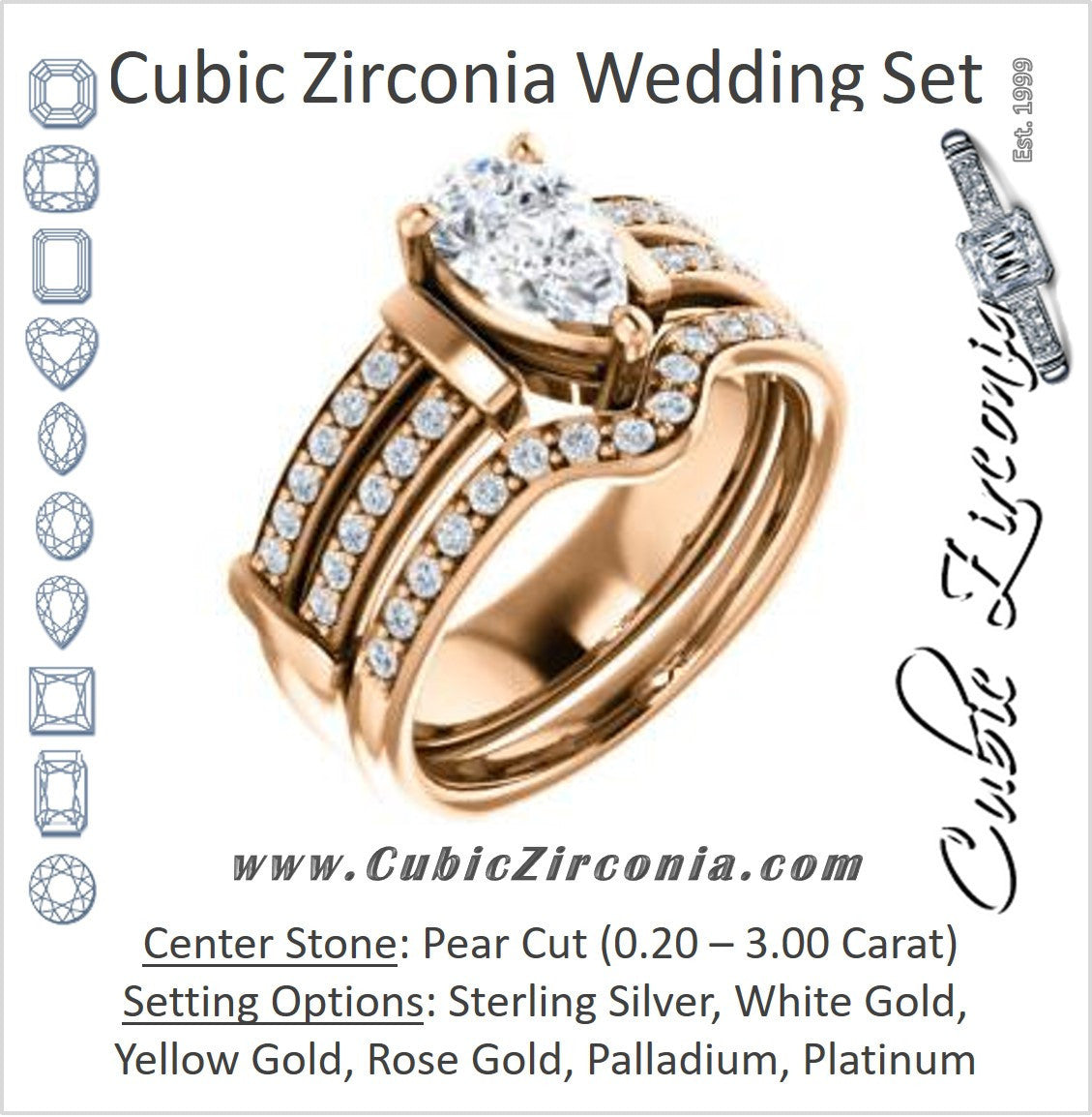 CZ Wedding Set, featuring The Rachana engagement ring (Customizable Pear Cut Design with Wide Split-Pavé Band and Euro Shank)