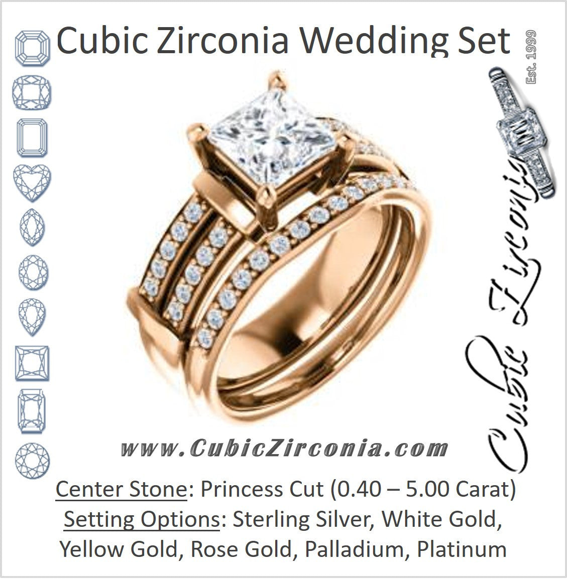 CZ Wedding Set, featuring The Rachana engagement ring (Customizable Princess Cut Design with Wide Split-Pavé Band and Euro Shank)