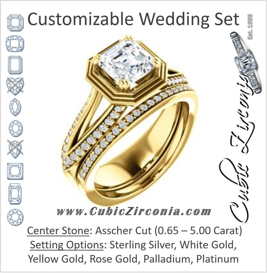CZ Wedding Set, featuring The Reina engagement ring (Customizable Ridged-Bevel Surrounded Asscher Cut with 3-sided Split-Pavé Band)