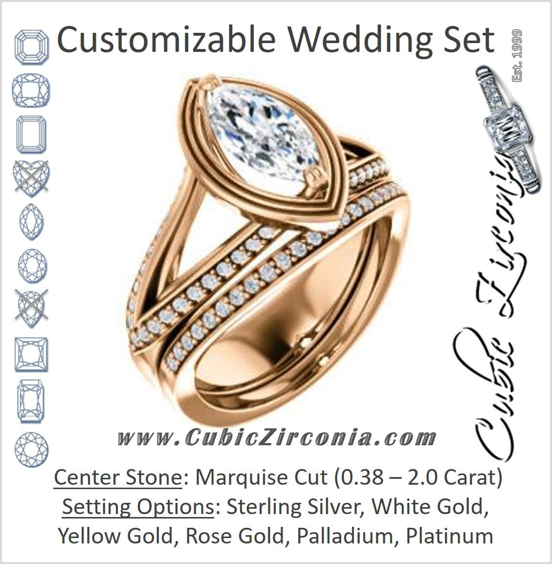 CZ Wedding Set, featuring The Reina engagement ring (Customizable Ridged-Bevel Surrounded Marquise Cut with 3-sided Split-Pavé Band)