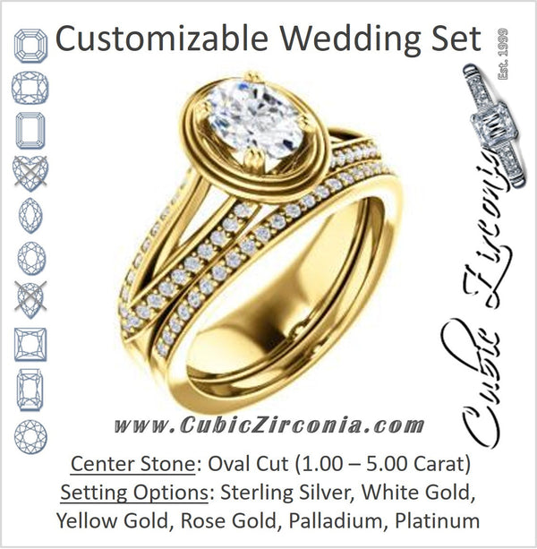 CZ Wedding Set, featuring The Reina engagement ring (Customizable Ridged-Bevel Surrounded Oval Cut with 3-sided Split-Pavé Band)