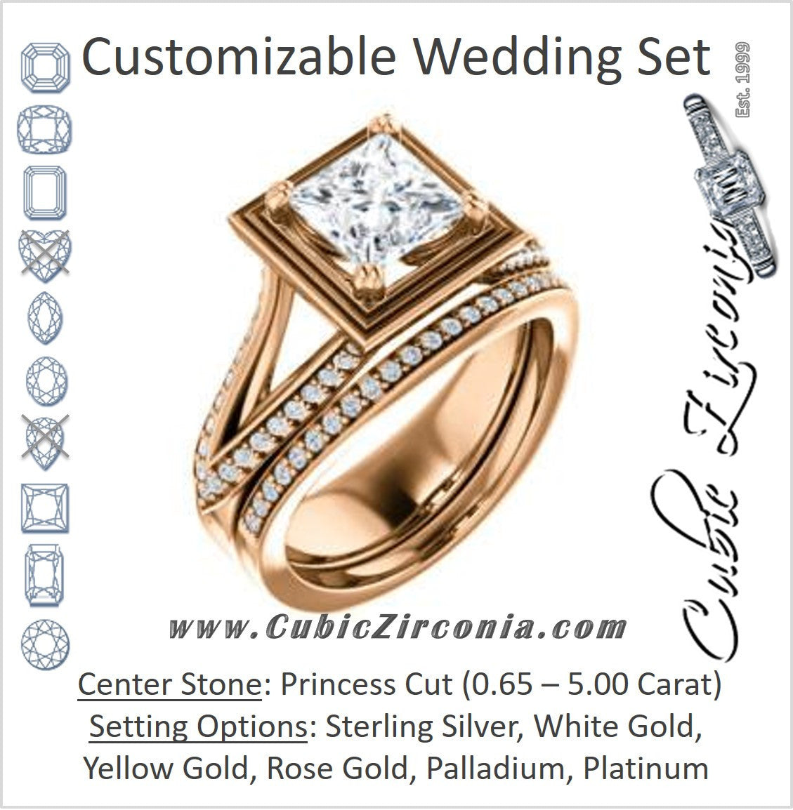 CZ Wedding Set, featuring The Reina engagement ring (Customizable Ridged-Bevel Surrounded Princess Cut with 3-sided Split-Pavé Band)