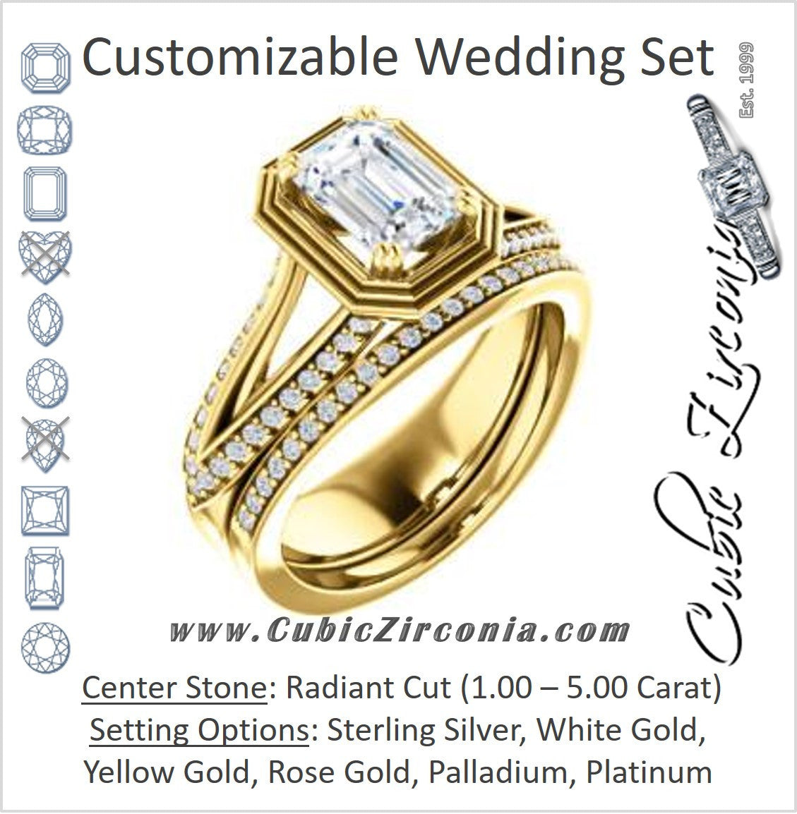 CZ Wedding Set, featuring The Reina engagement ring (Customizable Ridged-Bevel Surrounded Radiant Cut with 3-sided Split-Pavé Band)