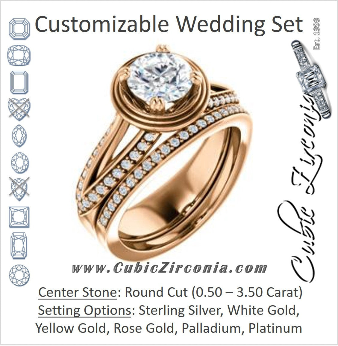 CZ Wedding Set, featuring The Reina engagement ring (Customizable Ridged-Bevel Surrounded Round Cut with 3-sided Split-Pavé Band)