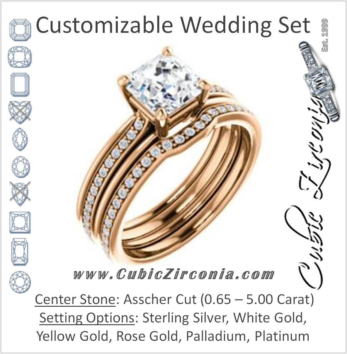 CZ Wedding Set, featuring The Rikki engagement ring (Customizable Asscher Cut Design with Double-Grooved Pavé Band)