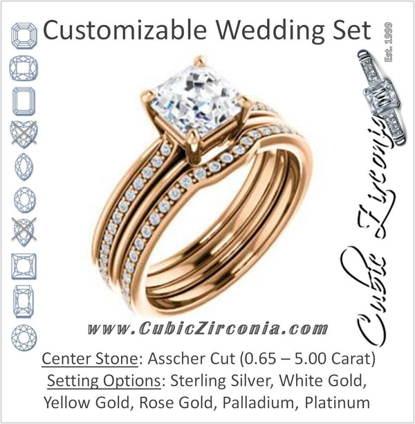 CZ Wedding Set, featuring The Rikki engagement ring (Customizable Asscher Cut Design with Double-Grooved Pavé Band)