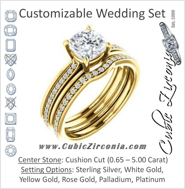 CZ Wedding Set, featuring The Rikki engagement ring (Customizable Cushion Cut Design with Double-Grooved Pavé Band)