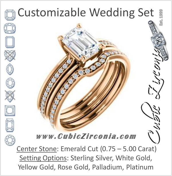 CZ Wedding Set, featuring The Rikki engagement ring (Customizable Emerald Cut Design with Double-Grooved Pavé Band)