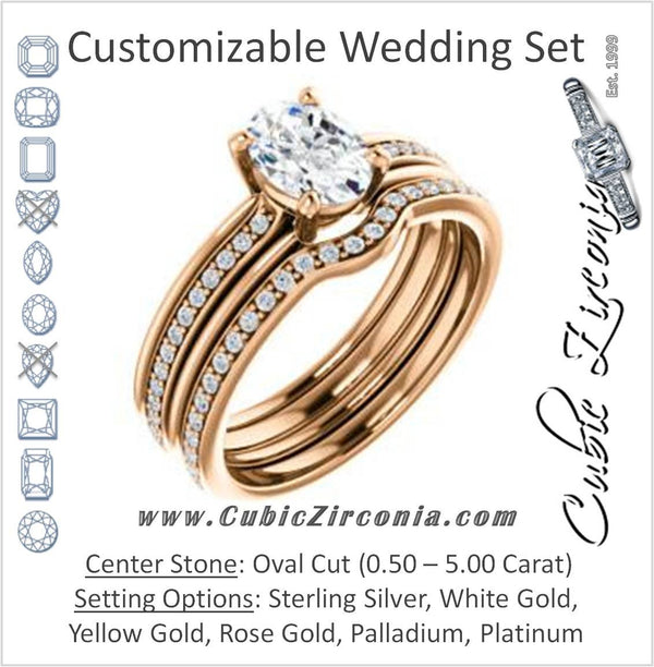 CZ Wedding Set, featuring The Rikki engagement ring (Customizable Oval Cut Design with Double-Grooved Pavé Band)