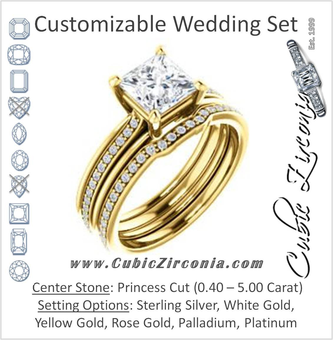 CZ Wedding Set, featuring The Rikki engagement ring (Customizable Princess Cut Design with Double-Grooved Pavé Band)