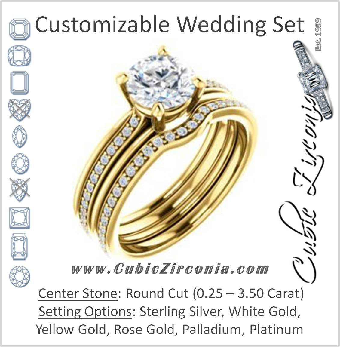 CZ Wedding Set, featuring The Rikki engagement ring (Customizable Round Cut Design with Double-Grooved Pavé Band)