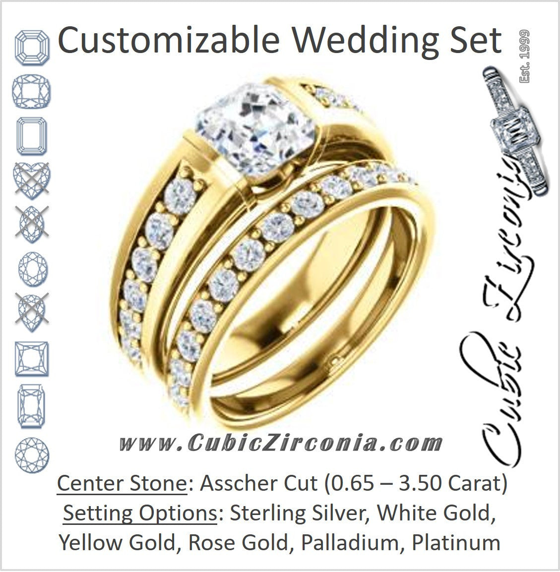 CZ Wedding Set, featuring The Rosemary engagement ring (Customizable Asscher Cut Tension Bar Set with Wide Channel/Prong Band)
