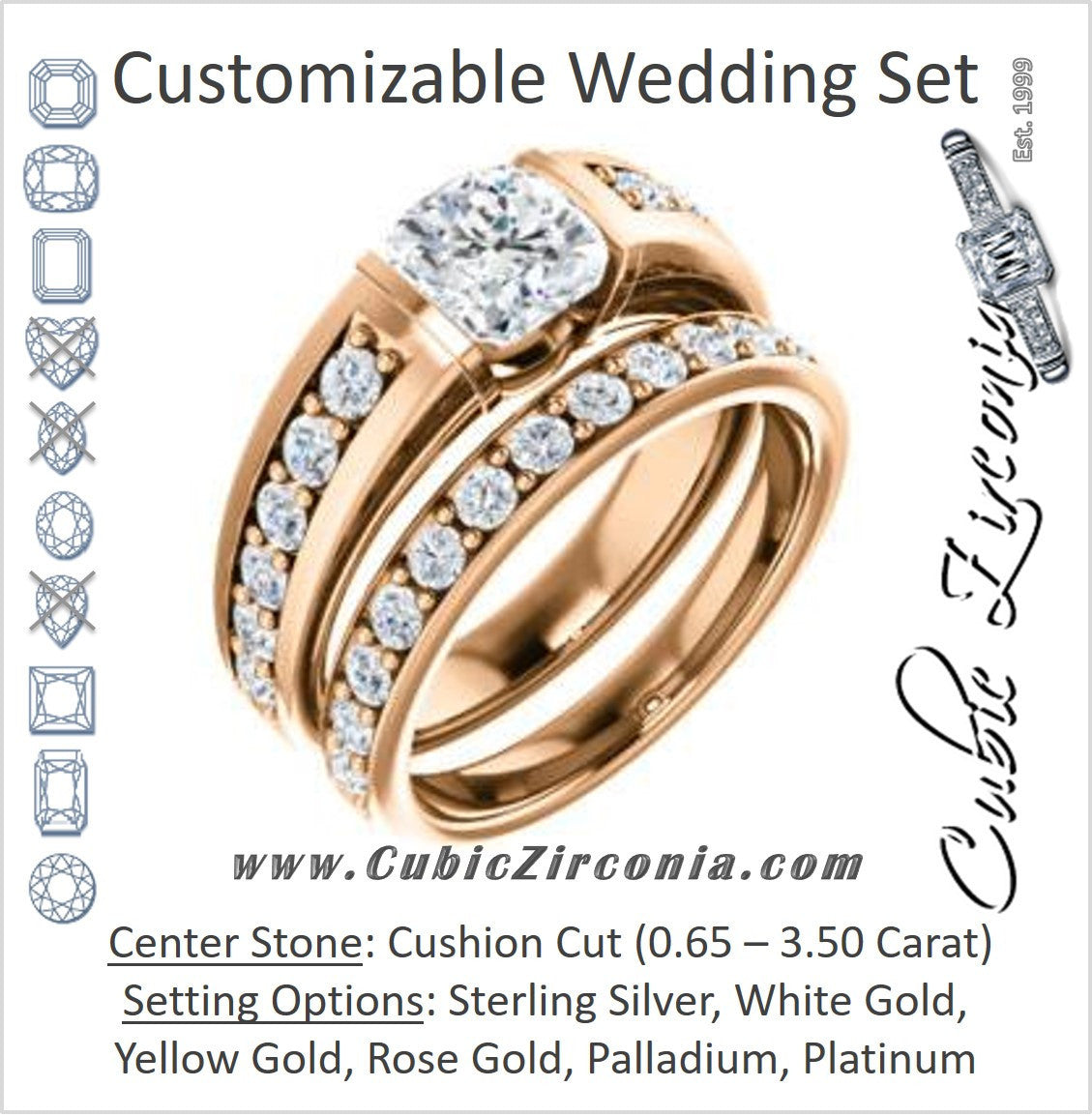 CZ Wedding Set, featuring The Rosemary engagement ring (Customizable Cushion Cut Tension Bar Set with Wide Channel/Prong Band)