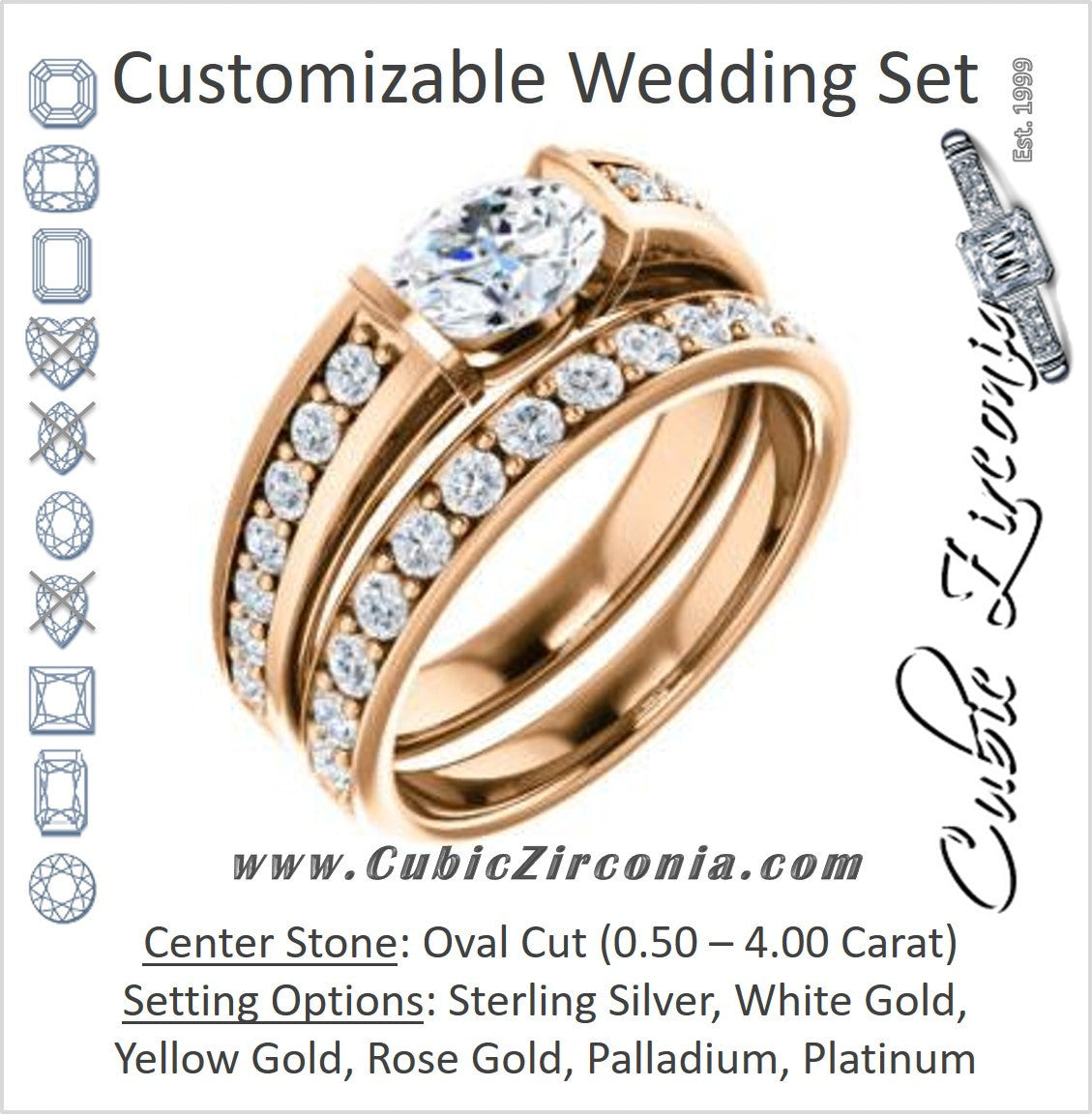 CZ Wedding Set, featuring The Rosemary engagement ring (Customizable Oval Cut Tension Bar Set with Wide Channel/Prong Band)