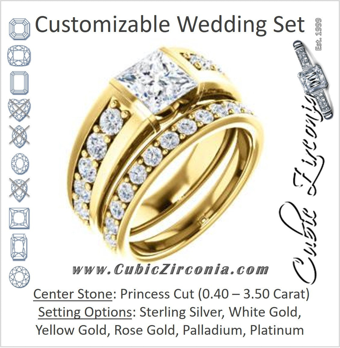 CZ Wedding Set, featuring The Rosemary engagement ring (Customizable Princess Cut Tension Bar Set with Wide Channel/Prong Band)