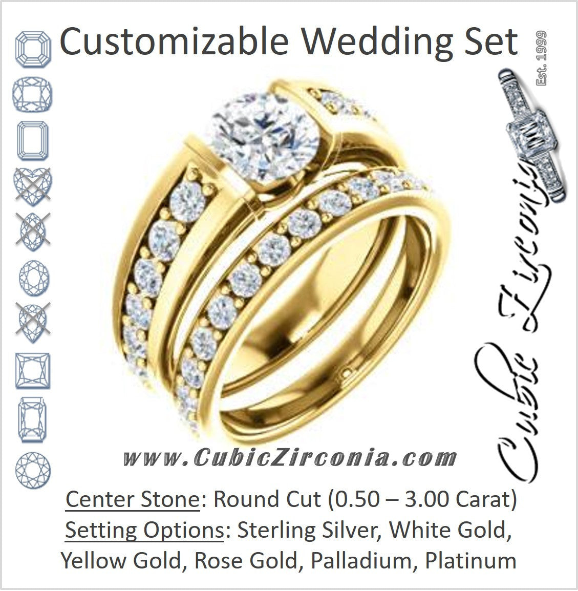 CZ Wedding Set, featuring The Rosemary engagement ring (Customizable Round Cut Tension Bar Set with Wide Channel/Prong Band)