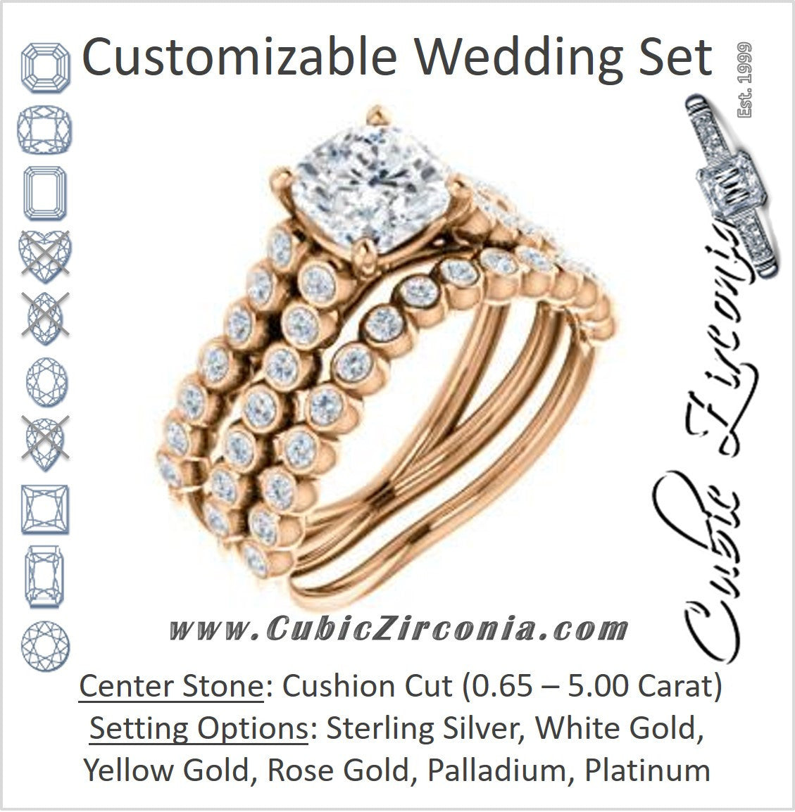 CZ Wedding Set, featuring The Roxana engagement ring (Customizable Cushion Cut Design with Beaded-Bezel Round Accents on Wide Split Band)