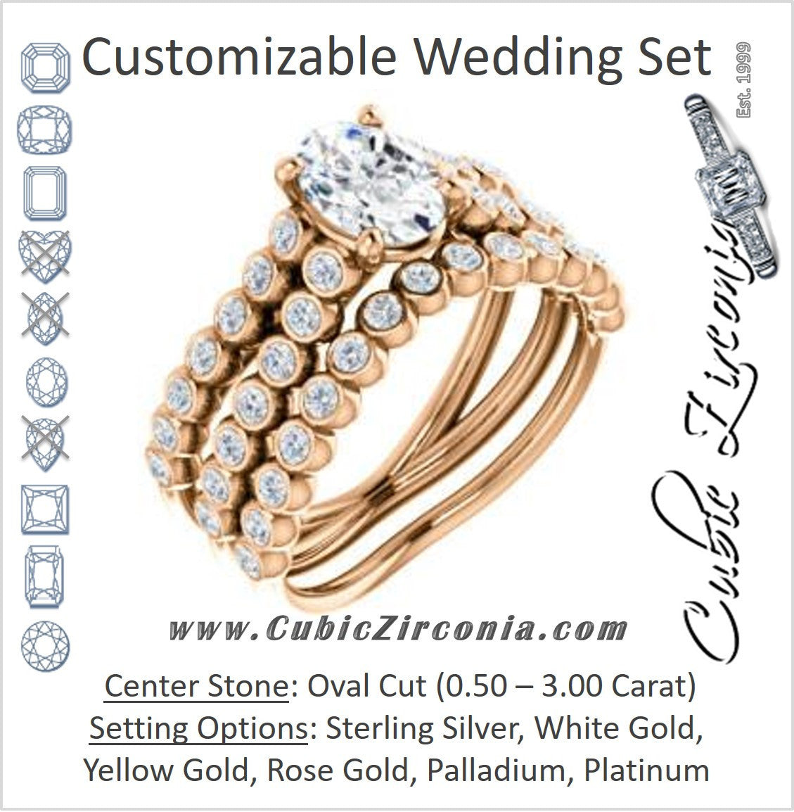 CZ Wedding Set, featuring The Roxana engagement ring (Customizable Oval Cut Design with Beaded-Bezel Round Accents on Wide Split Band)