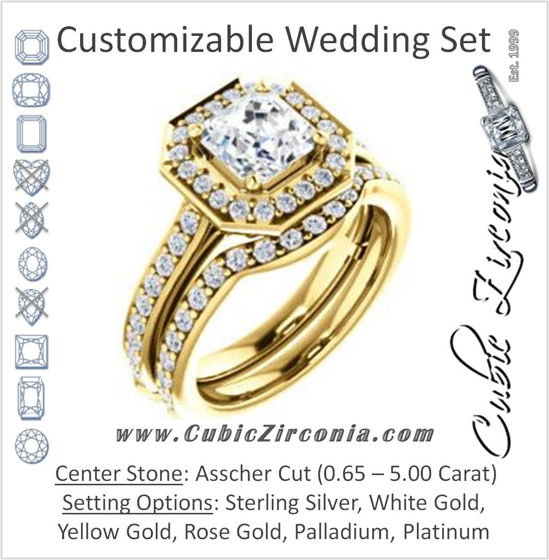 CZ Wedding Set, featuring The Sally engagement ring (Customizable Halo-Asscher Cut Design with Round Side Knuckle and Pavé Band Accents)