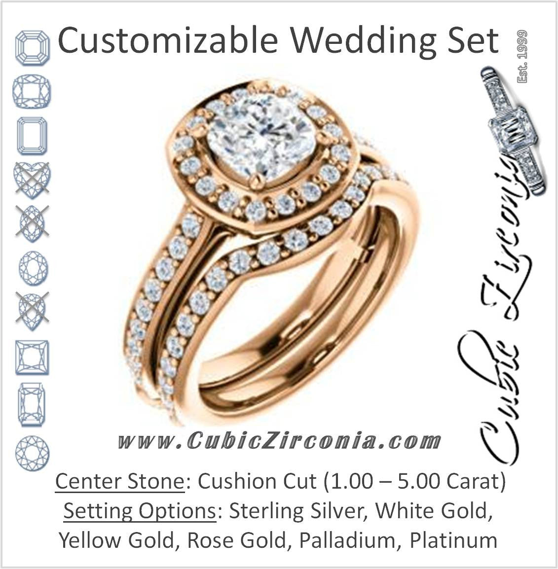 CZ Wedding Set, featuring The Sally engagement ring (Customizable Halo-Cushion Cut Design with Round Side Knuckle and Pavé Band Accents)