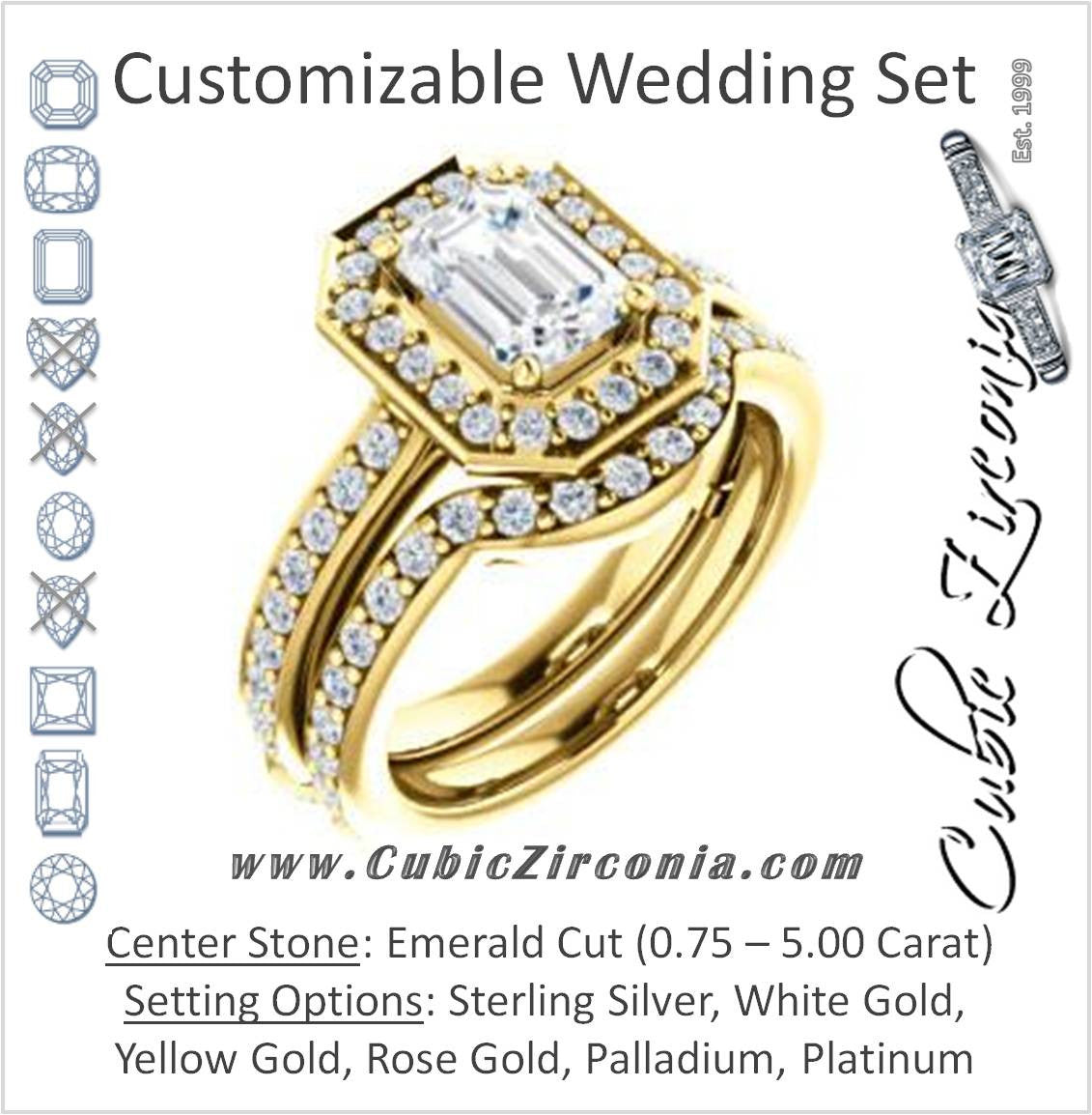 CZ Wedding Set, featuring The Sally engagement ring (Customizable Halo-Emerald Cut Design with Round Side Knuckle and Pavé Band Accents)