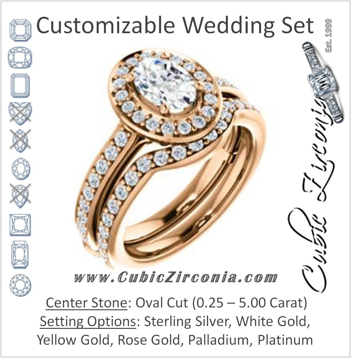 CZ Wedding Set, featuring The Sally engagement ring (Customizable Halo-Oval Cut Design with Round Side Knuckle and Pavé Band Accents)