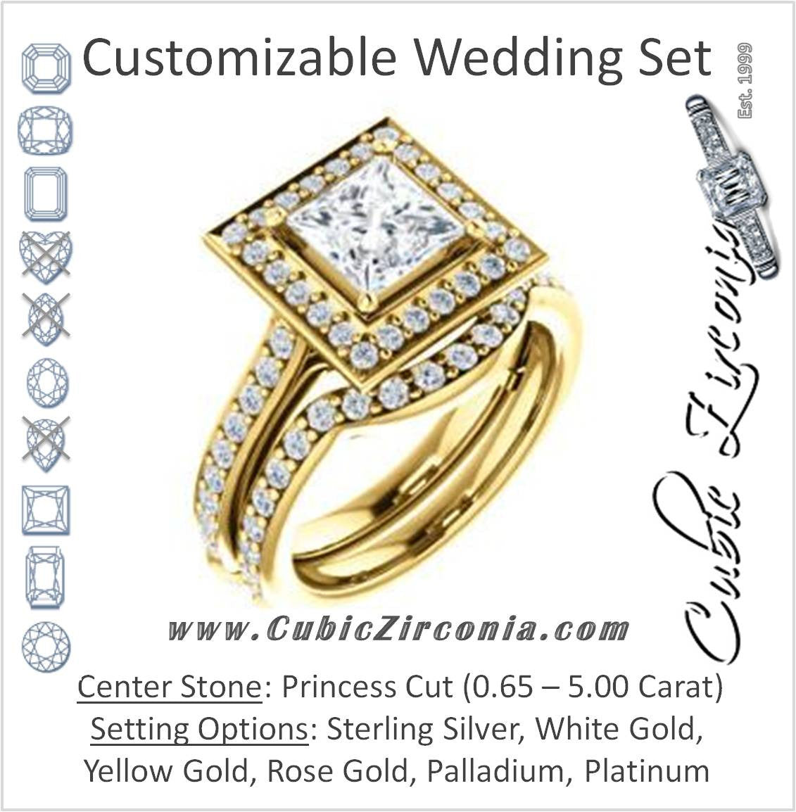 CZ Wedding Set, featuring The Sally engagement ring (Customizable Halo-Princess Cut Design with Round Side Knuckle and Pavé Band Accents)